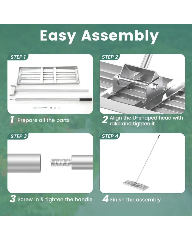 30 x 10 Inch Lawn Leveling Rake with Ergonomic Handle-Silver - Silver - Lawn Care Tools
