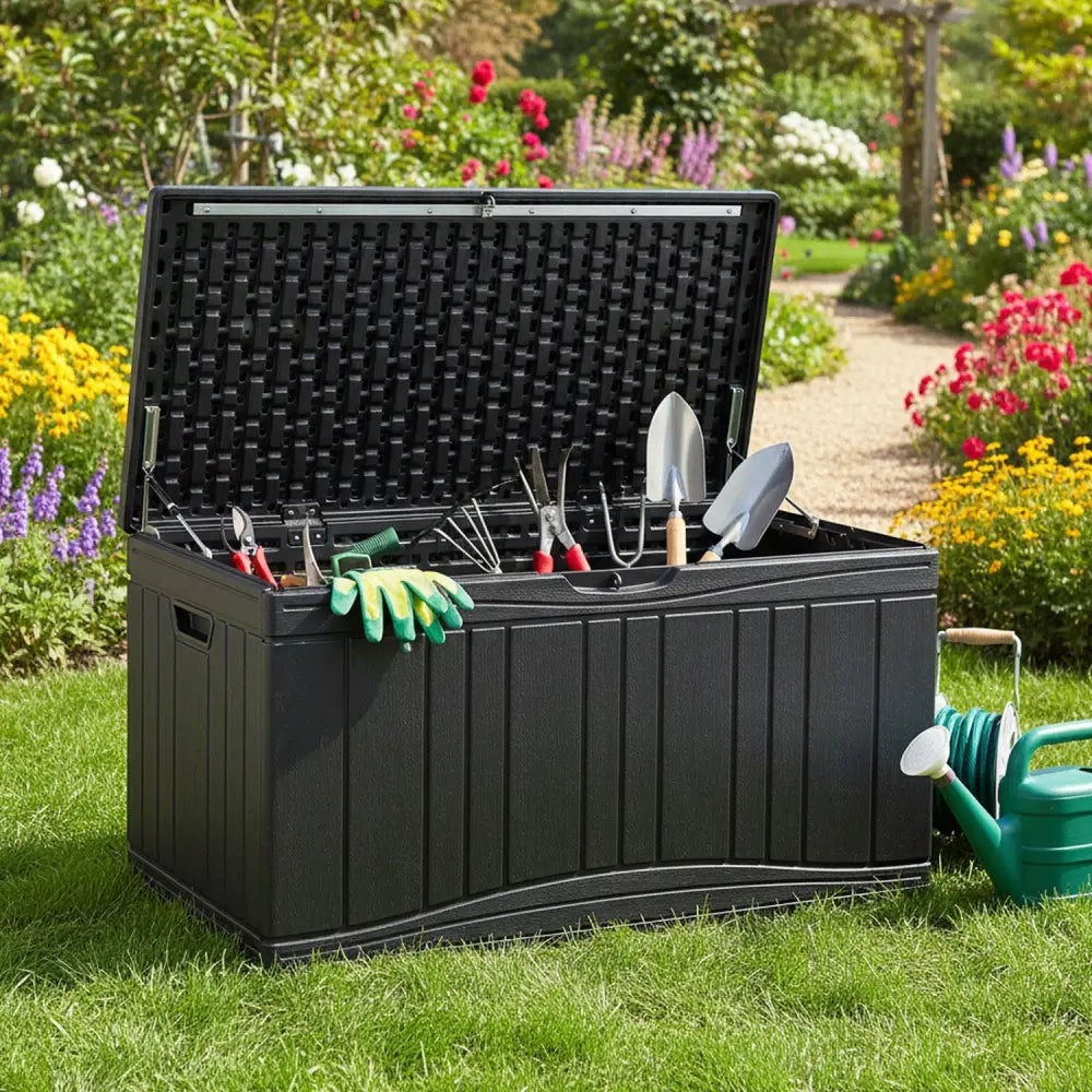 300 L Outdoor Deck Box with Lockable Lid for Garden Tools Cushions-Black - Black - Sheds & Outdoor Storage