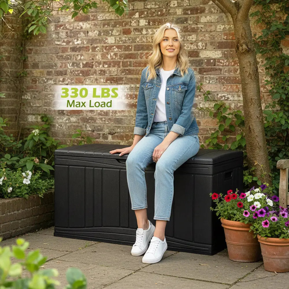 300 L Outdoor Deck Box with Lockable Lid for Garden Tools Cushions-Black - Black - Sheds & Outdoor Storage