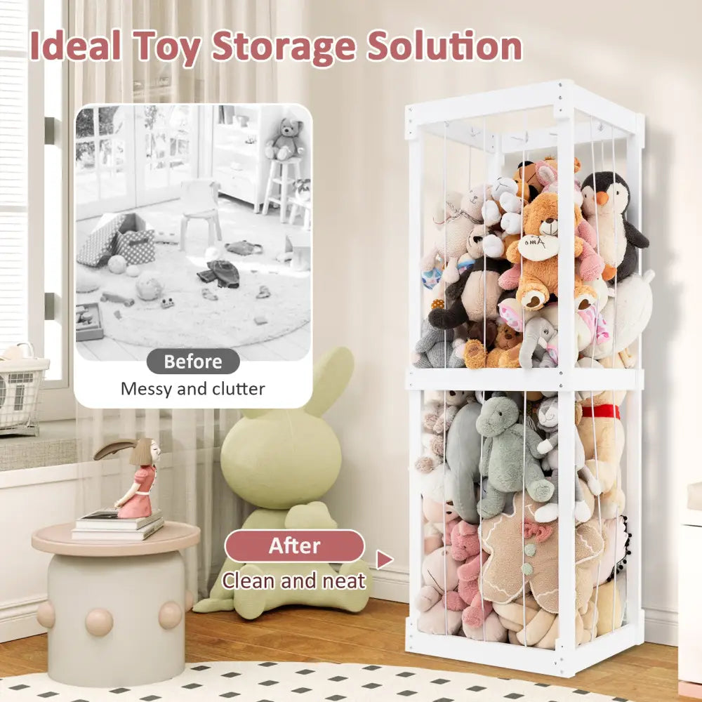 300L Large Stuffed Animal Storage with Open Top and Elastic Cords-White - White - Kids Storage