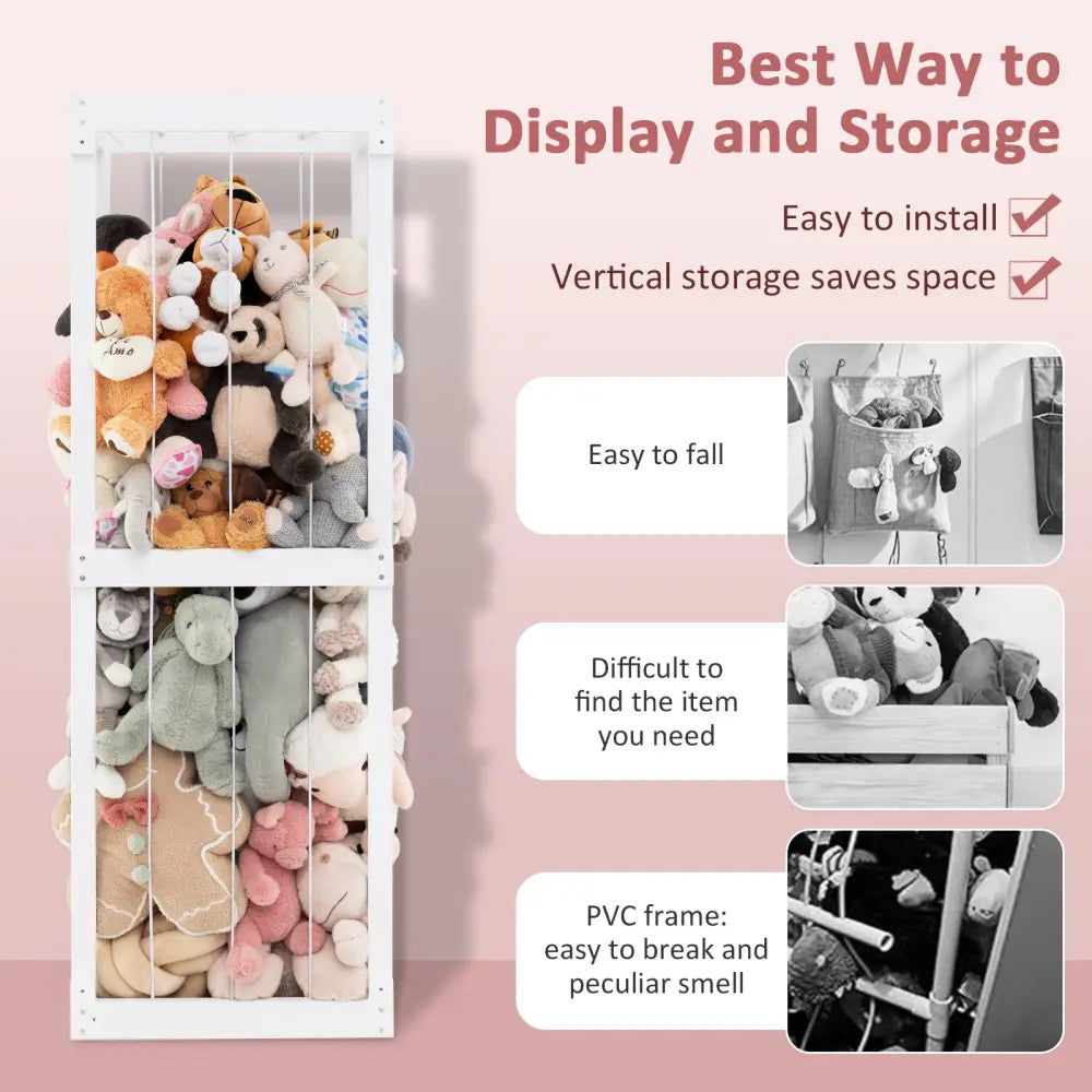 300L Large Stuffed Animal Storage with Open Top and Elastic Cords-White - White - Kids Storage
