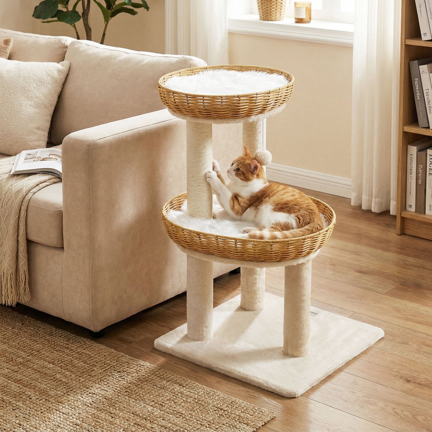 30-Inch Cat Tower with 2 Rattan Cat Baskets for Indoor Kittens-Beige