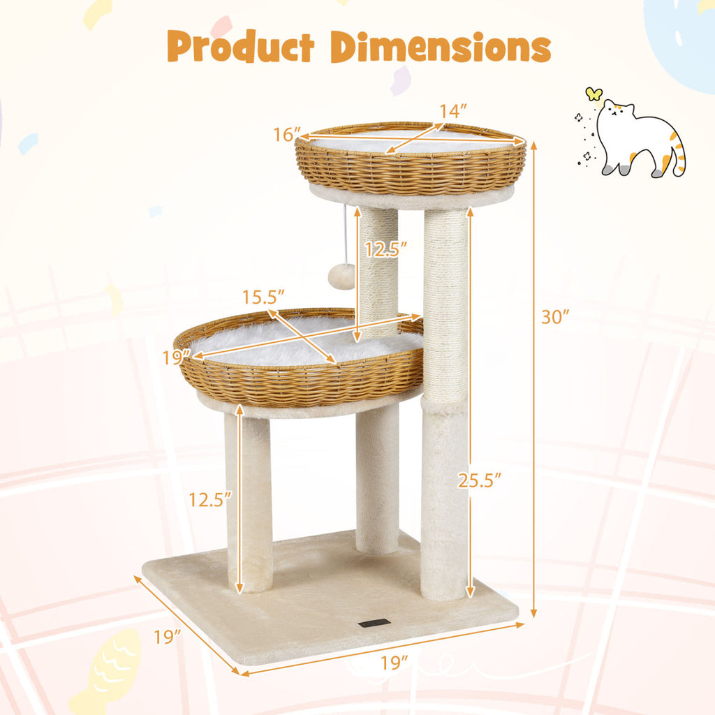 30-Inch Cat Tower with 2 Rattan Cat Baskets for Indoor Kittens-Beige