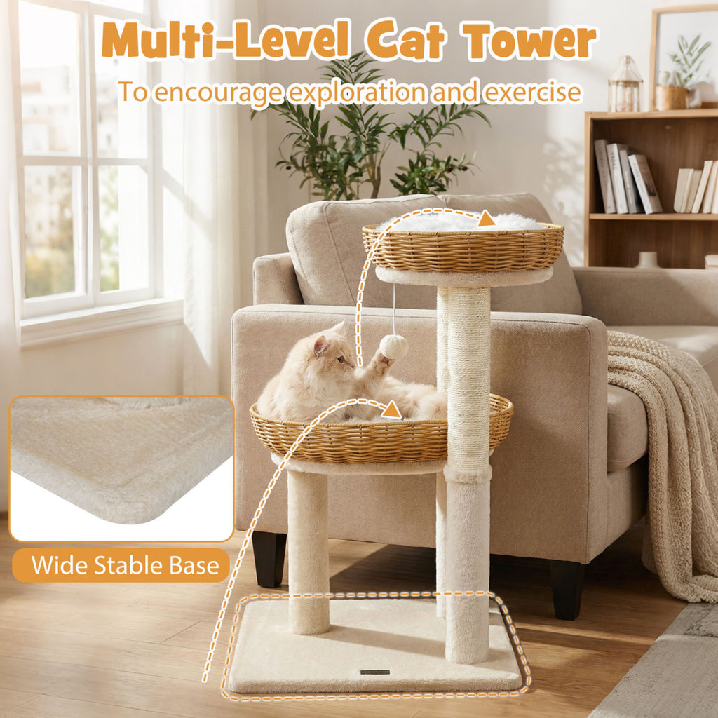 30-Inch Cat Tower with 2 Rattan Cat Baskets for Indoor Kittens-Beige