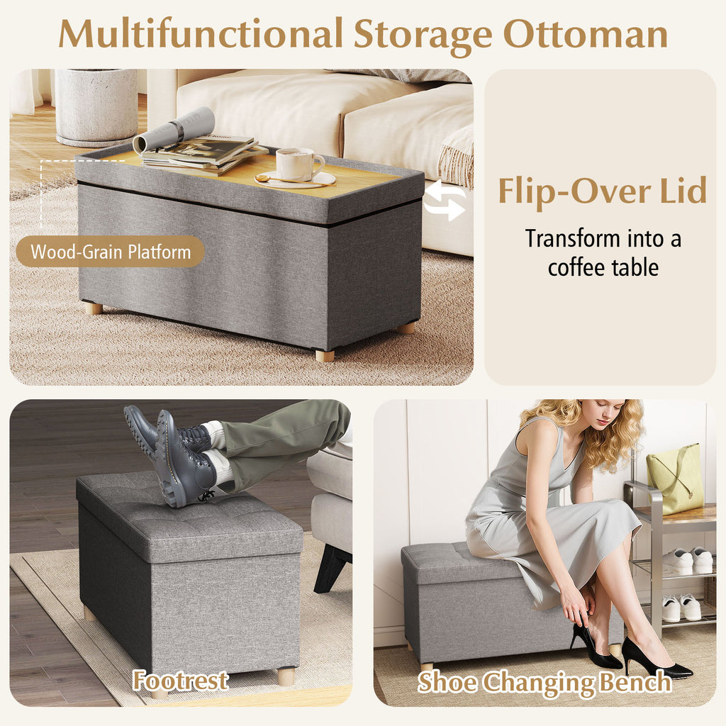 30 Inches Storage Ottoman Bench with Tray and Rubber Wood Legs-Gray