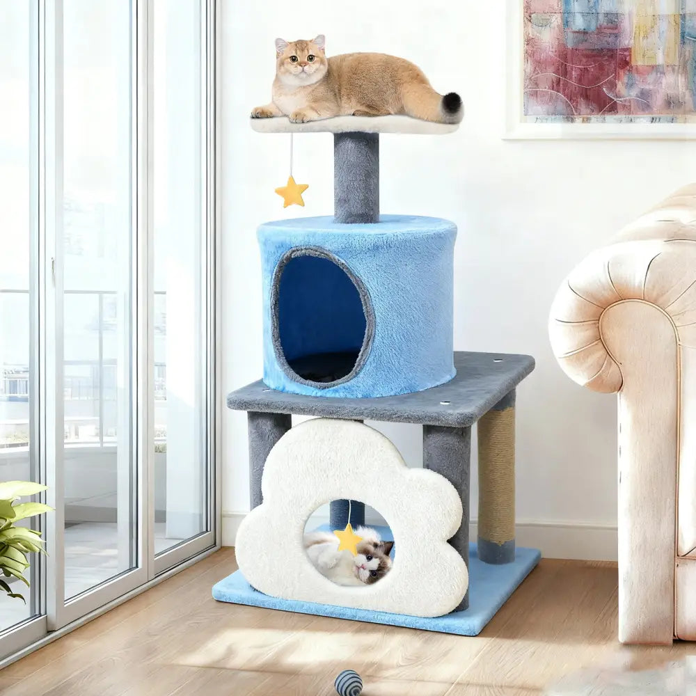 31.5’’ Cute Modern Cat Tree Multi-Level Kitten Tower-Blue - Blue - Cat Trees Condos & Scratchers