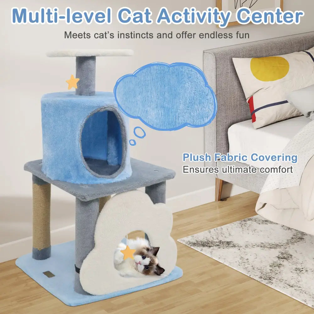 31.5’’ Cute Modern Cat Tree Multi-Level Kitten Tower-Blue - Blue - Cat Trees Condos & Scratchers