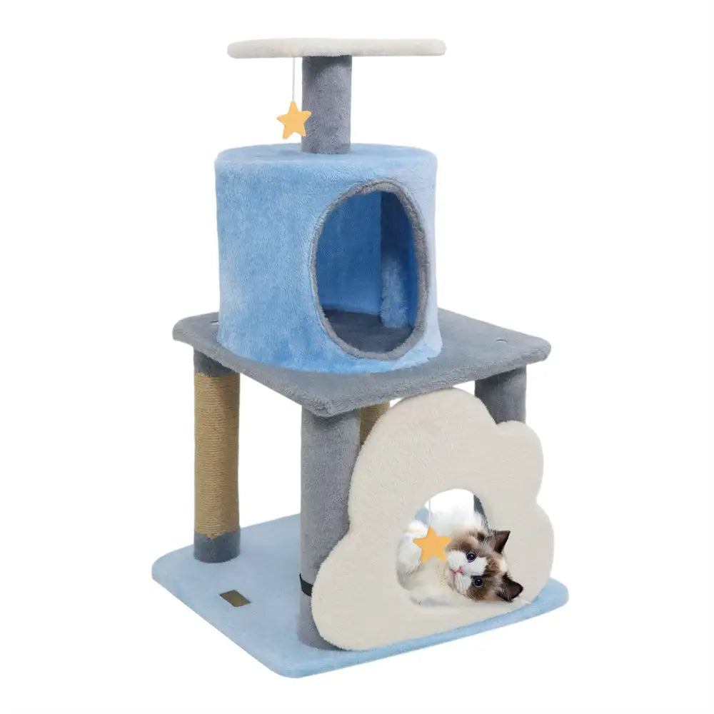 31.5’’ Cute Modern Cat Tree Multi-Level Kitten Tower-Blue - Blue - Cat Trees Condos & Scratchers