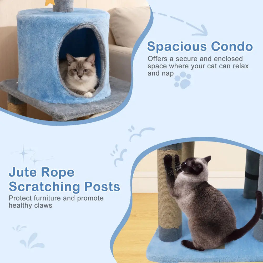 31.5’’ Cute Modern Cat Tree Multi-Level Kitten Tower-Blue - Blue - Cat Trees Condos & Scratchers