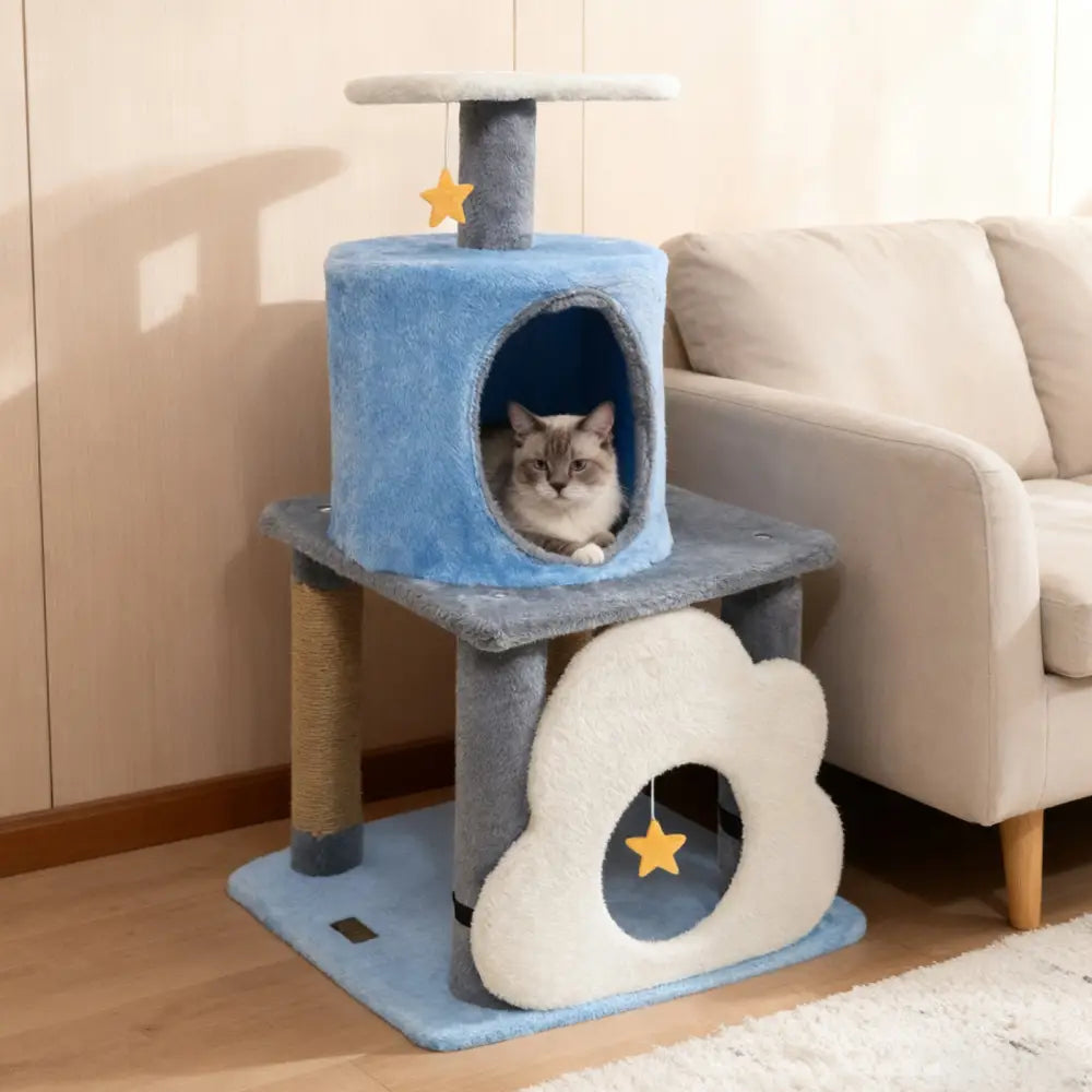 31.5’’ Cute Modern Cat Tree Multi-Level Kitten Tower-Blue - Blue - Cat Trees Condos & Scratchers
