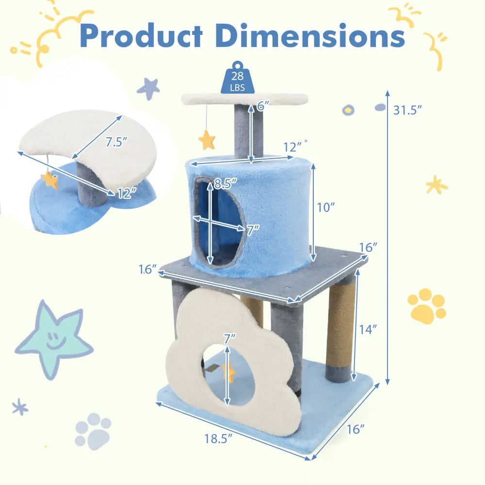 31.5’’ Cute Modern Cat Tree Multi-Level Kitten Tower-Blue - Blue - Cat Trees Condos & Scratchers