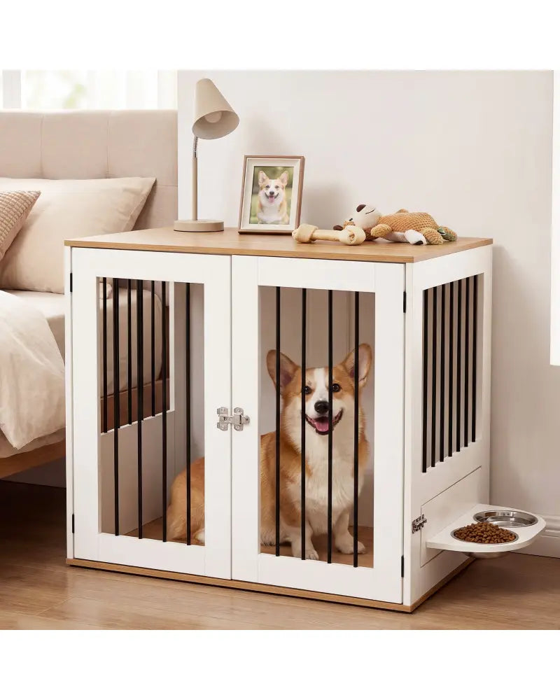 31.5€ Dog Crate Furniture Wooden Dog Kennel with Double Lock Doors-White - White - Dog Kennels