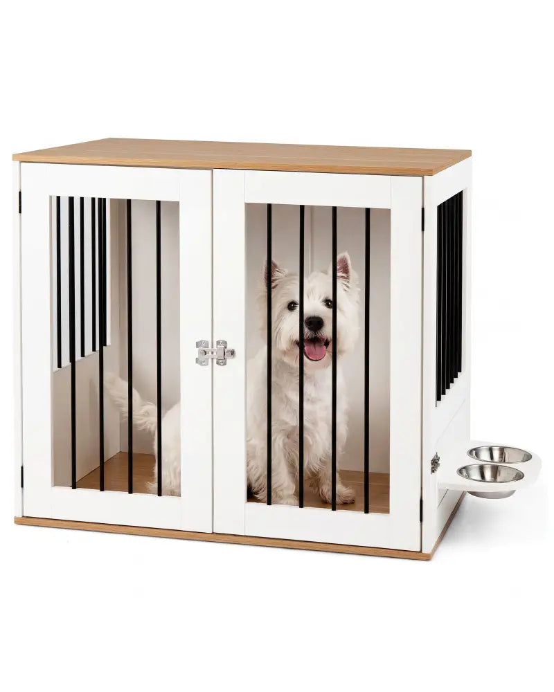 31.5€ Dog Crate Furniture Wooden Dog Kennel with Double Lock Doors-White - White - Dog Kennels