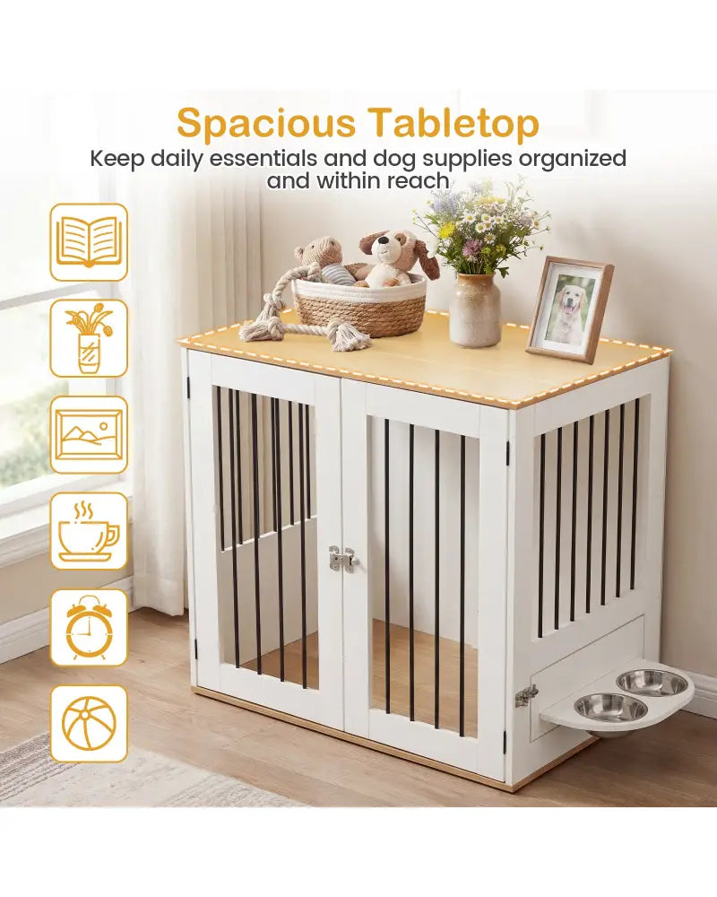 31.5€ Dog Crate Furniture Wooden Dog Kennel with Double Lock Doors-White - White - Dog Kennels