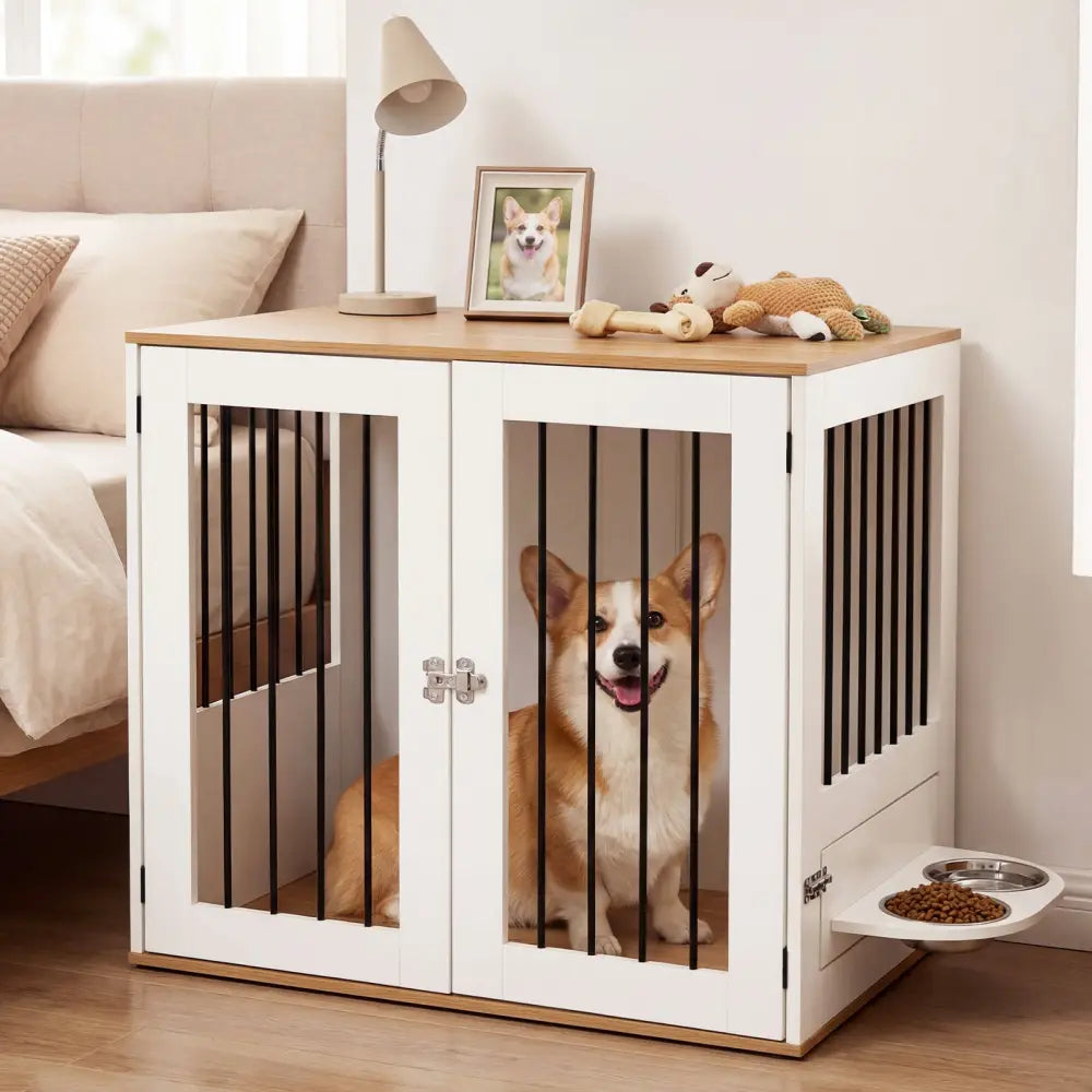 31.5€ Dog Crate Furniture Wooden Dog Kennel with Double Lock Doors-White - White - Dog Kennels