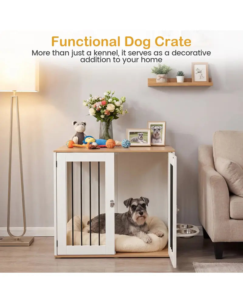 31.5€ Dog Crate Furniture Wooden Dog Kennel with Double Lock Doors-White - White - Dog Kennels