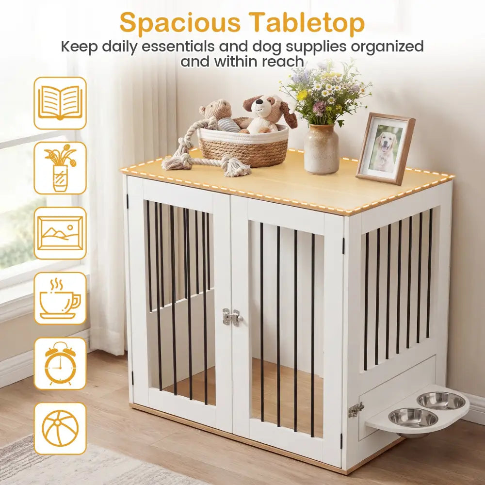 31.5€ Dog Crate Furniture Wooden Dog Kennel with Double Lock Doors-White - White - Dog Kennels