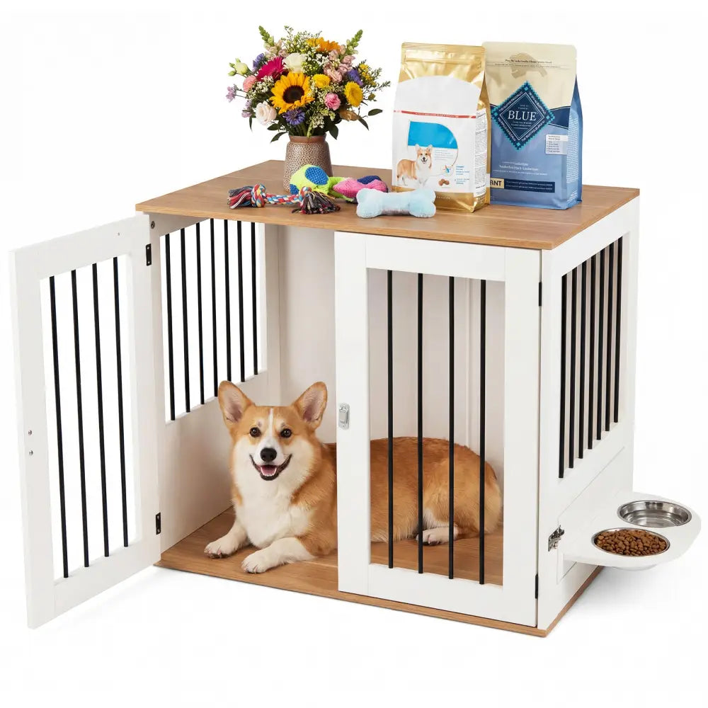 31.5€ Dog Crate Furniture Wooden Dog Kennel with Double Lock Doors-White - White - Dog Kennels