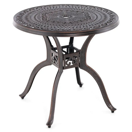 31.5 Inch Cast Aluminum Table Patio Round Dining Table with Umbrella Hole-Copper - Copper - Patio Dining Tables