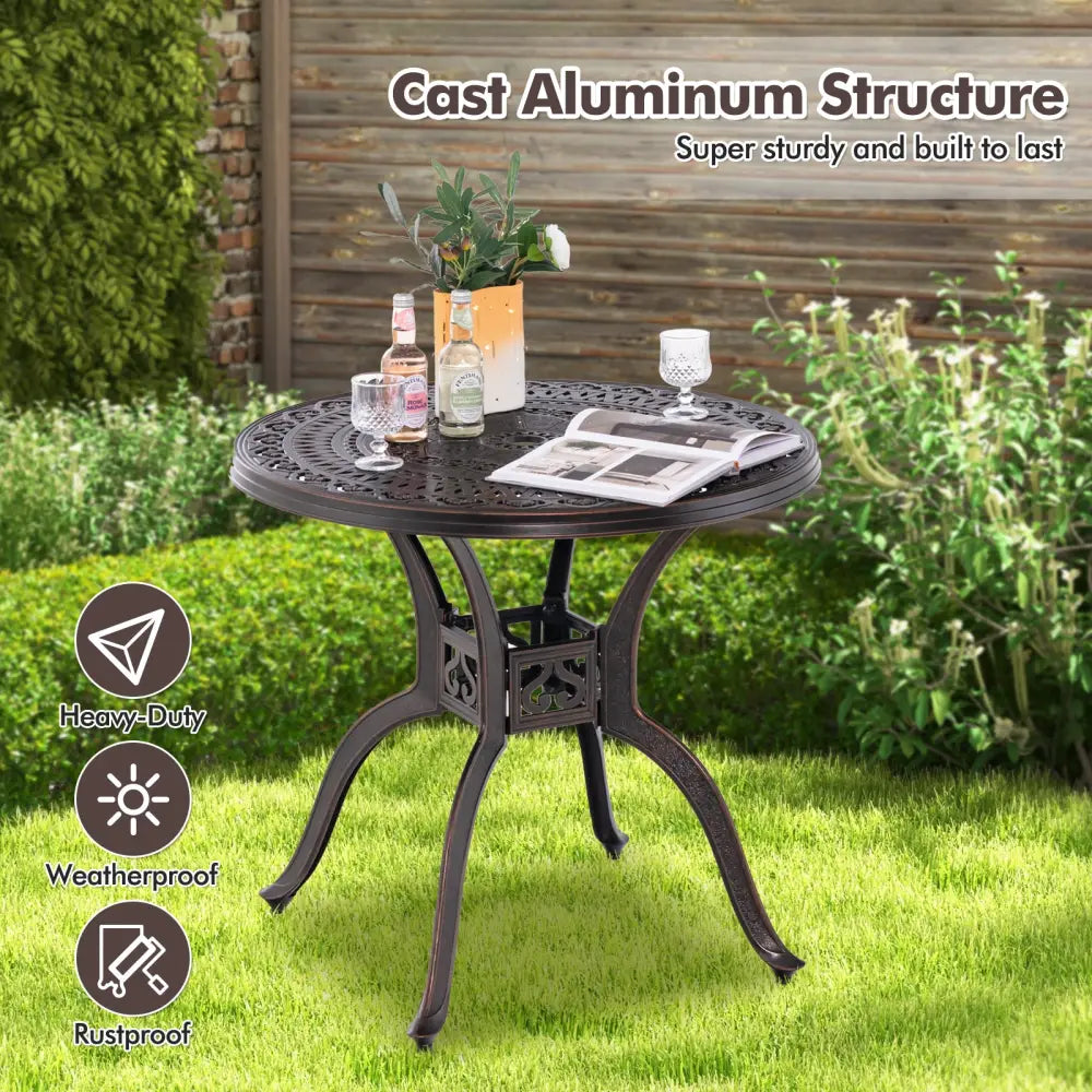 31.5 Inch Cast Aluminum Table Patio Round Dining Table with Umbrella Hole-Copper - Copper - Patio Coffee Tables