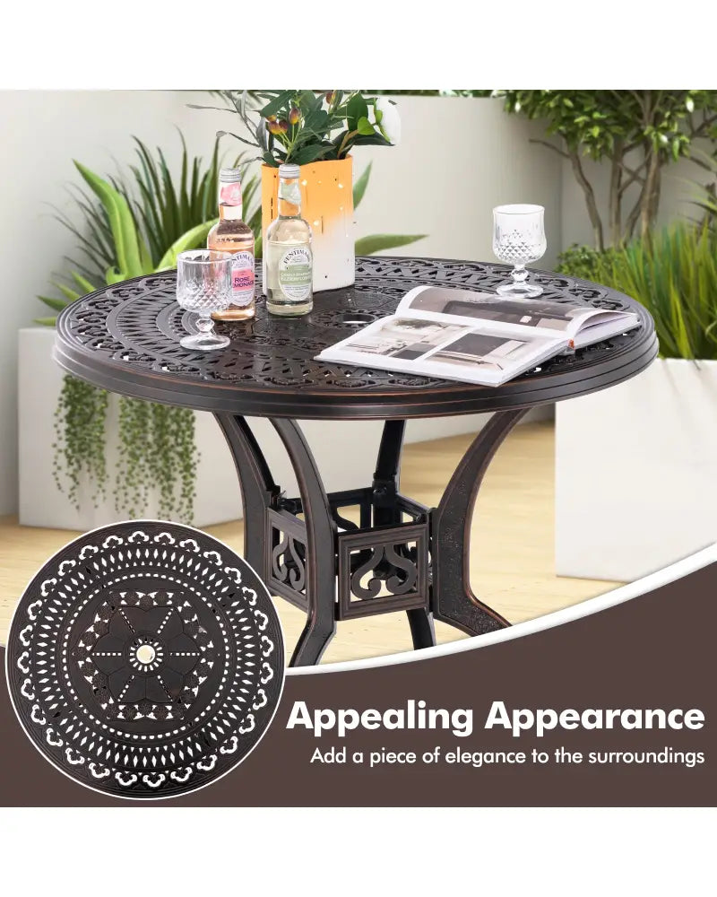 31.5 Inch Cast Aluminum Table Patio Round Dining Table with Umbrella Hole-Copper - Copper - Patio Coffee Tables