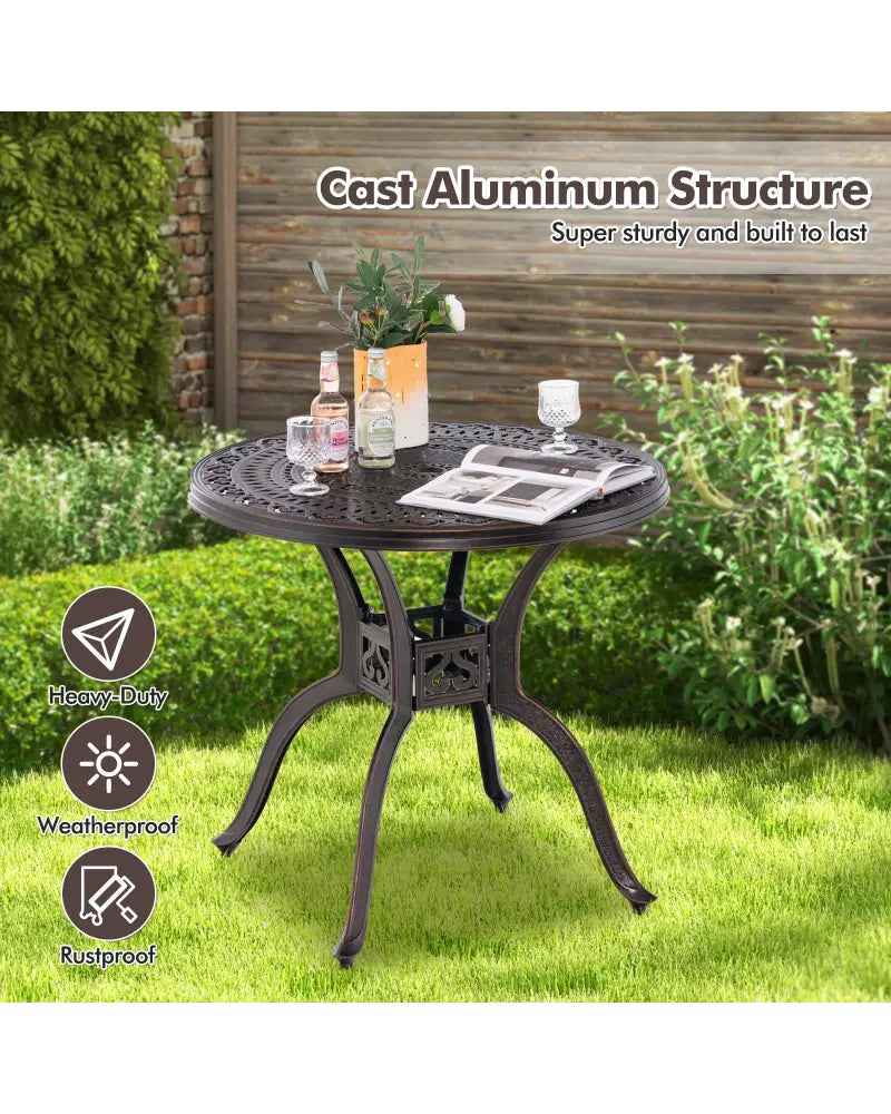 31.5 Inch Cast Aluminum Table Patio Round Dining Table with Umbrella Hole-Copper - Copper - Patio Coffee Tables