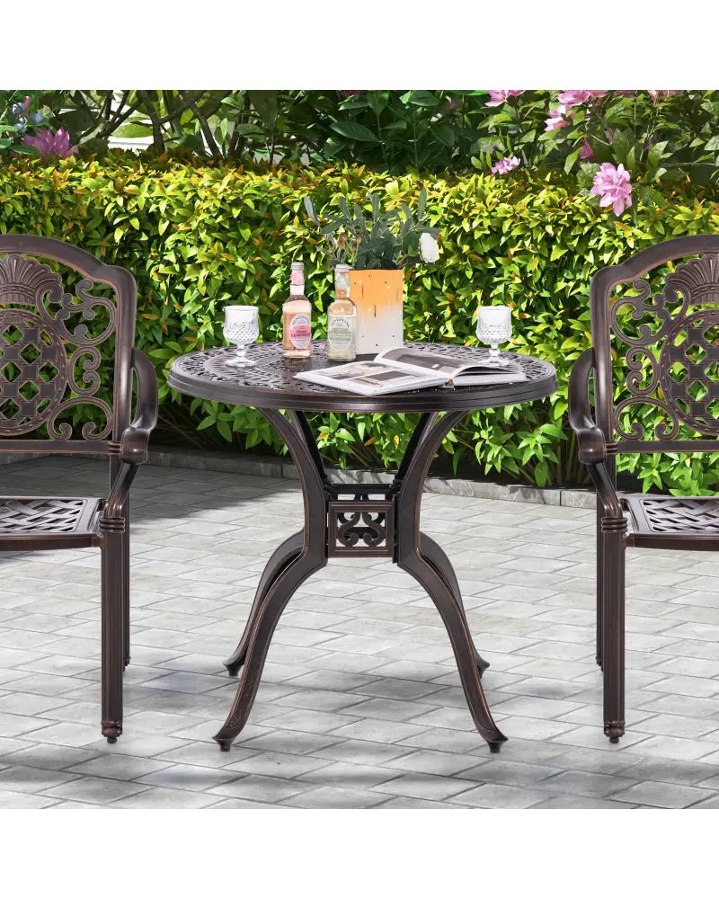 31.5 Inch Cast Aluminum Table Patio Round Dining Table with Umbrella Hole-Copper - Copper - Patio Coffee Tables