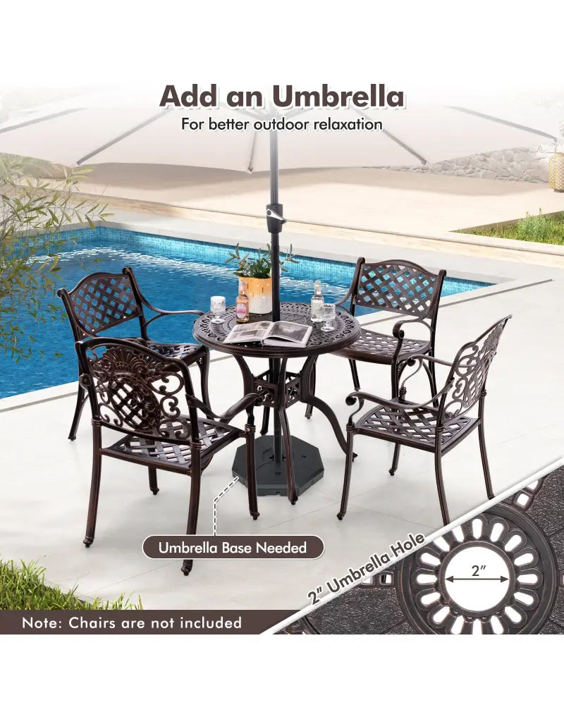 31.5 Inch Cast Aluminum Table Patio Round Dining Table with Umbrella Hole-Copper - Copper - Patio Coffee Tables