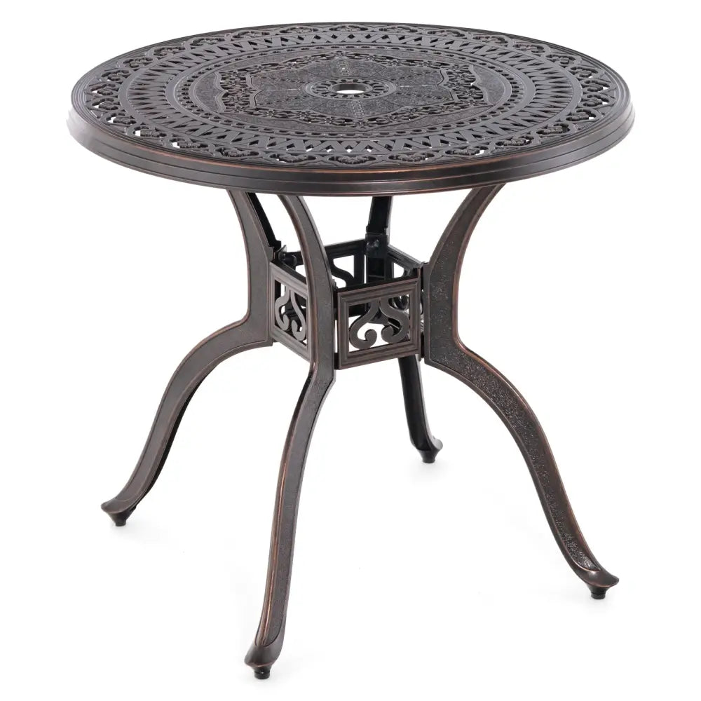 31.5 Inch Cast Aluminum Table Patio Round Dining Table with Umbrella Hole-Copper - Copper - Patio Coffee Tables