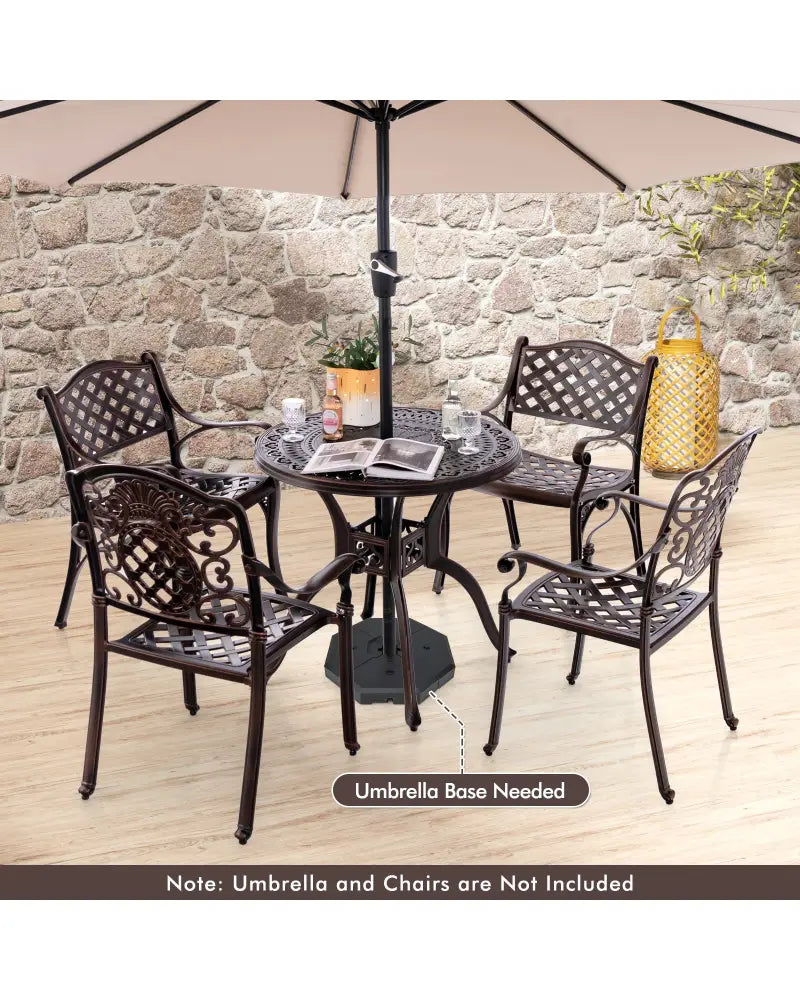 31.5 Inch Cast Aluminum Table Patio Round Dining Table with Umbrella Hole-Copper - Copper - Patio Coffee Tables
