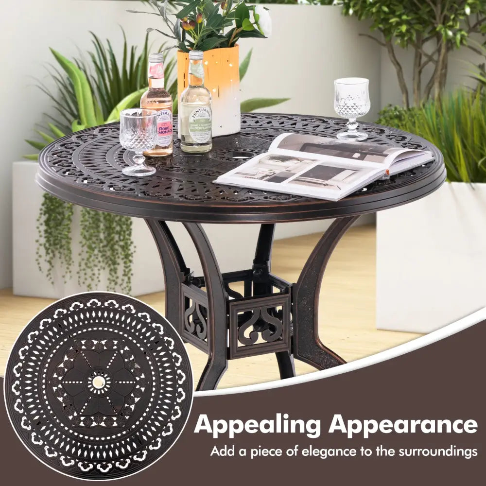 31.5 Inch Cast Aluminum Table Patio Round Dining Table with Umbrella Hole-Copper - Copper - Patio Coffee Tables