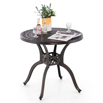 31.5 Inch Cast Aluminum Table Patio Round Dining Table with Umbrella Hole-Copper - Copper - Patio Dining Tables