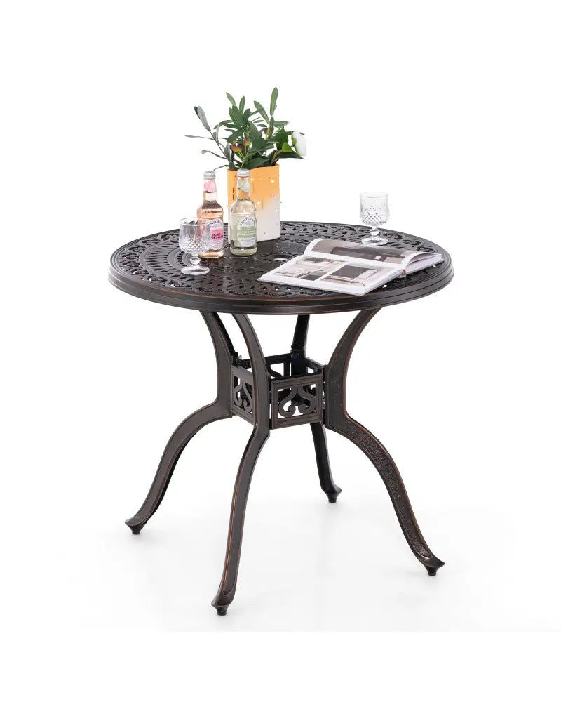 31.5 Inch Cast Aluminum Table Patio Round Dining Table with Umbrella Hole-Copper - Copper - Patio Coffee Tables