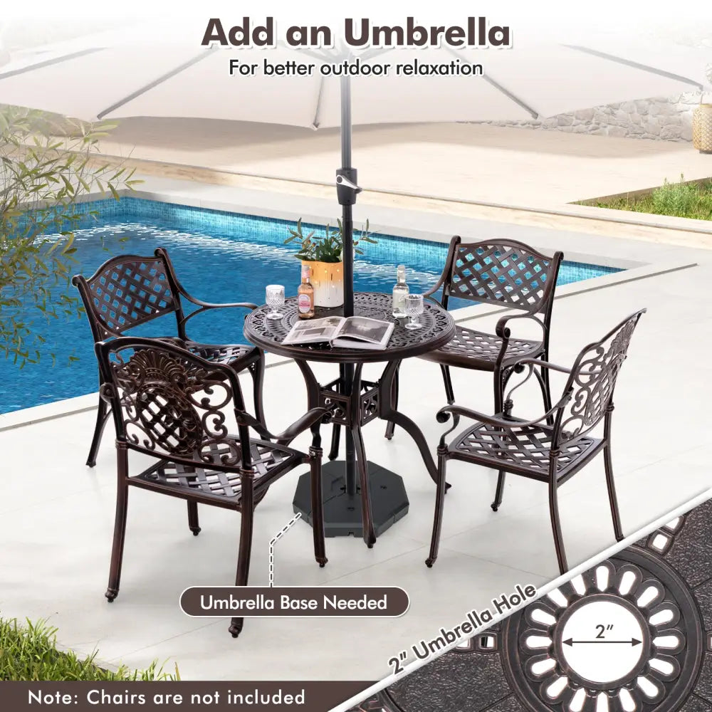 31.5 Inch Cast Aluminum Table Patio Round Dining Table with Umbrella Hole-Copper - Copper - Patio Coffee Tables