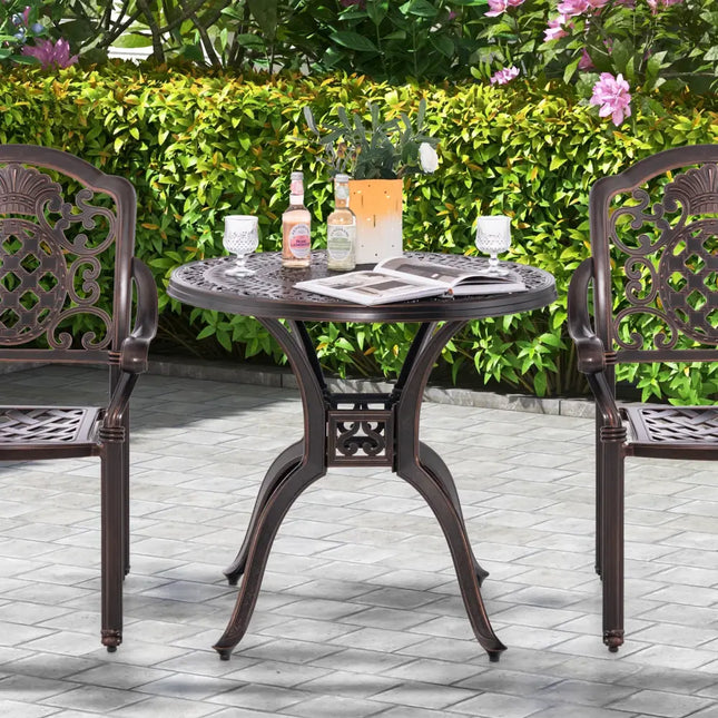 31.5 Inch Cast Aluminum Table Patio Round Dining Table with Umbrella Hole-Copper - Copper - Patio Dining Tables