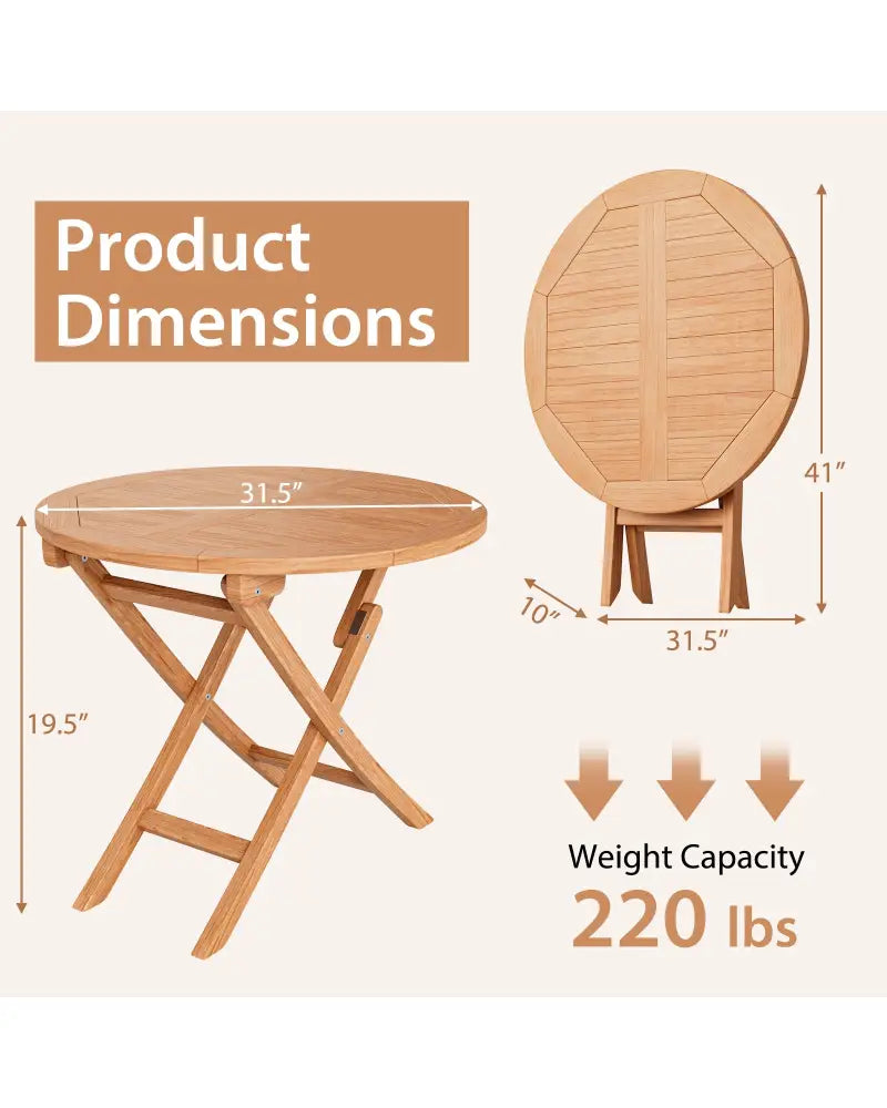 31.5 Inch Folding Patio Indonesia Teak Wood Round Coffee Table - Natural - Patio Coffee Tables