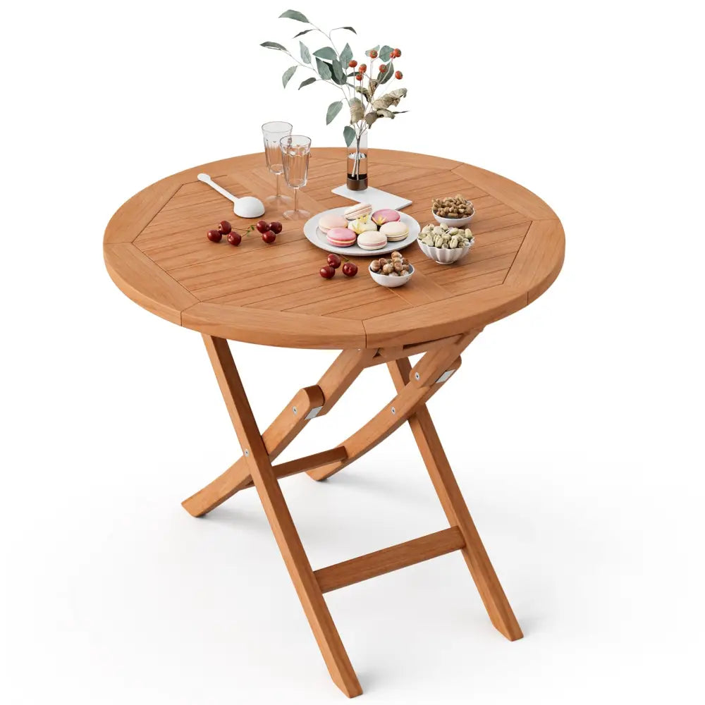31.5 Inch Folding Patio Indonesia Teak Wood Round Coffee Table - Natural - Patio Coffee Tables