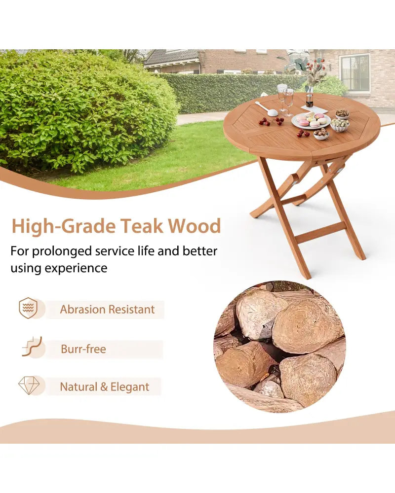 31.5 Inch Folding Patio Indonesia Teak Wood Round Coffee Table - Natural - Patio Coffee Tables