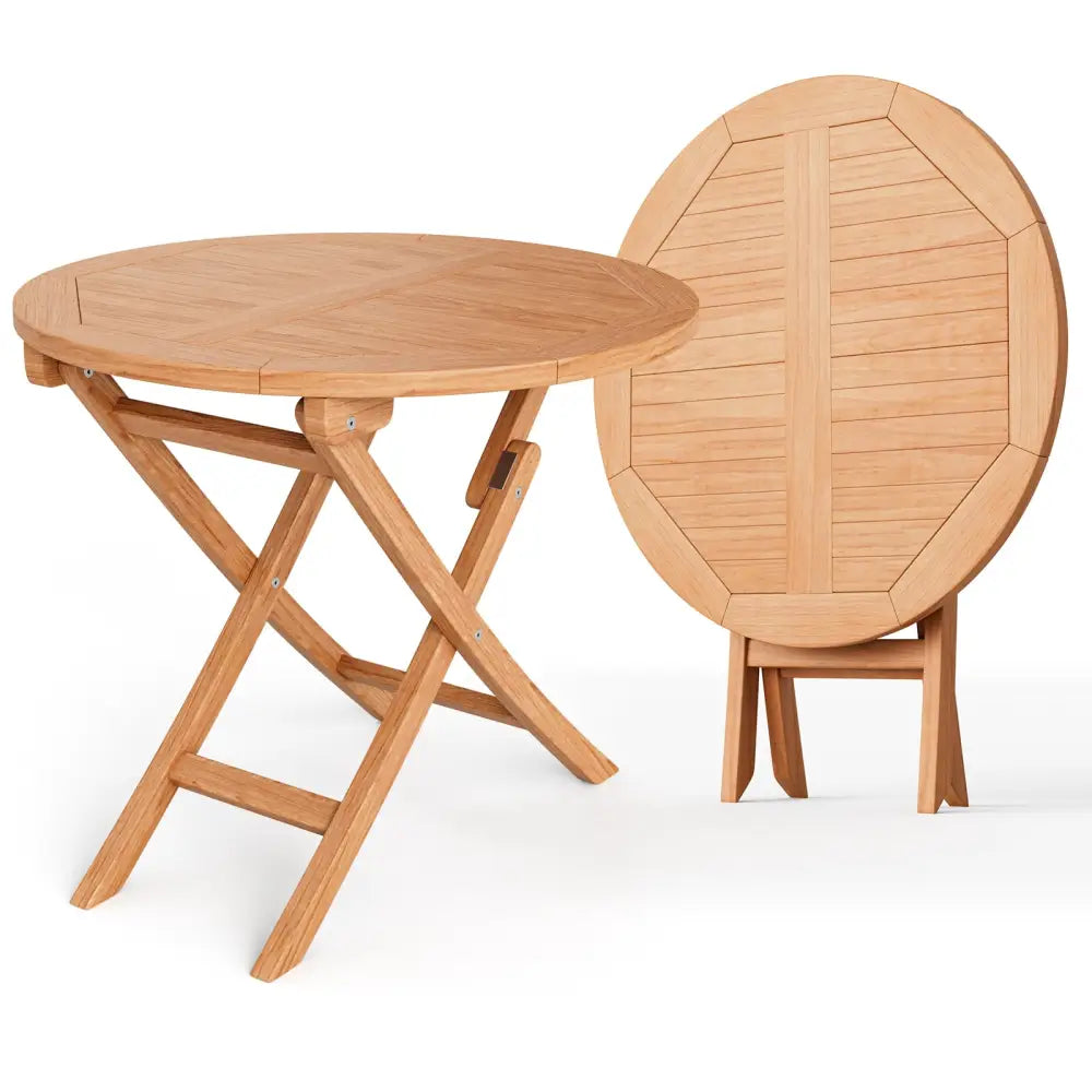 31.5 Inch Folding Patio Indonesia Teak Wood Round Coffee Table - Natural - Patio Coffee Tables