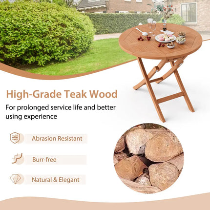 31.5 Inch Folding Patio Indonesia Teak Wood Round Coffee Table - Natural - Patio Coffee Tables