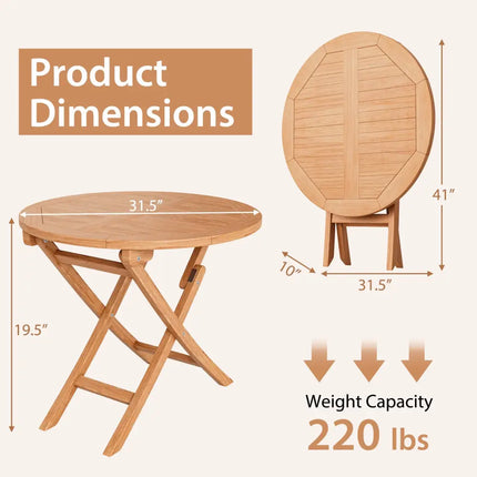 31.5 Inch Folding Patio Indonesia Teak Wood Round Coffee Table - Natural - Patio Coffee Tables