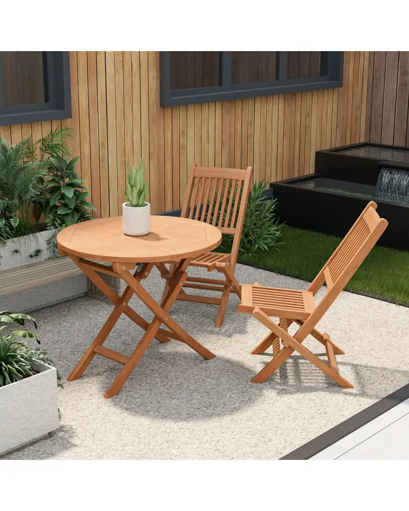 31.5 Inch Folding Patio Indonesia Teak Wood Round Coffee Table - Natural - Patio Coffee Tables