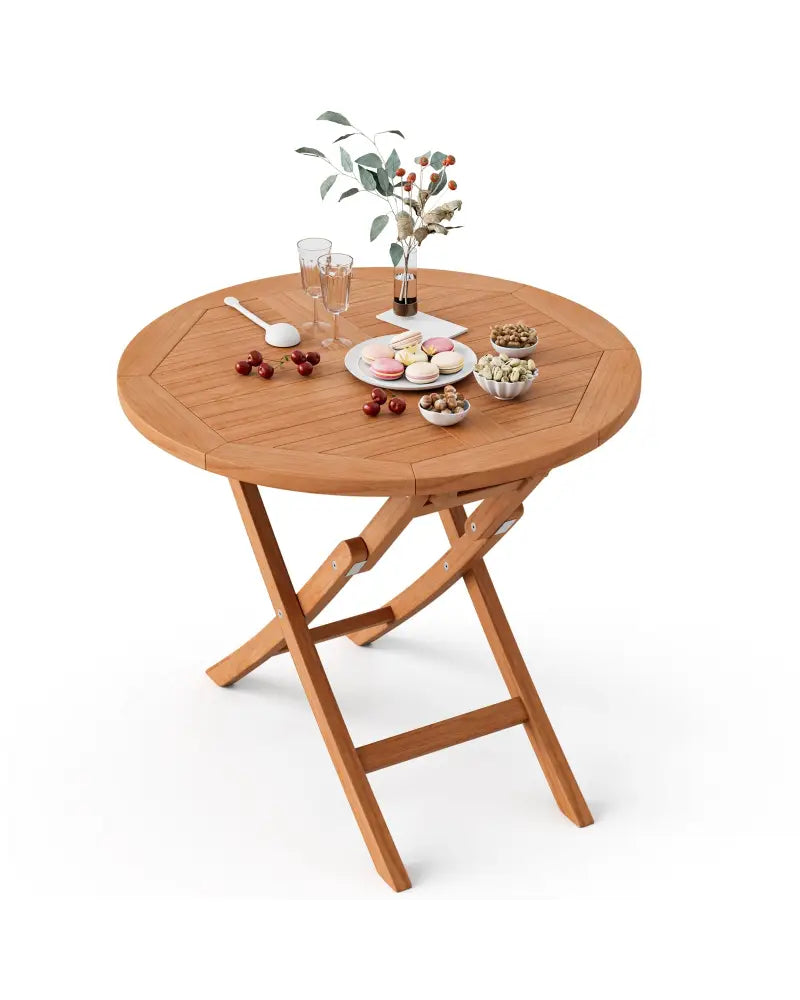 31.5 Inch Folding Patio Indonesia Teak Wood Round Coffee Table - Natural - Patio Coffee Tables