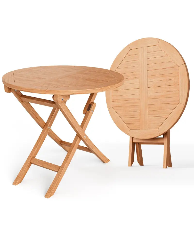 31.5 Inch Folding Patio Indonesia Teak Wood Round Coffee Table - Natural - Patio Coffee Tables