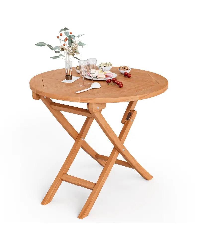 31.5 Inch Folding Patio Indonesia Teak Wood Round Coffee Table - Natural - Patio Coffee Tables