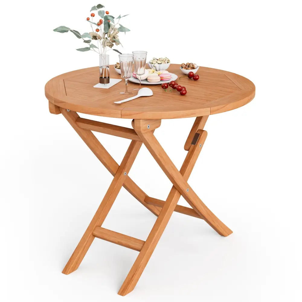31.5 Inch Folding Patio Indonesia Teak Wood Round Coffee Table - Natural - Patio Coffee Tables