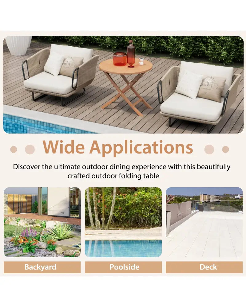 31.5 Inch Folding Patio Indonesia Teak Wood Round Coffee Table - Natural - Patio Coffee Tables