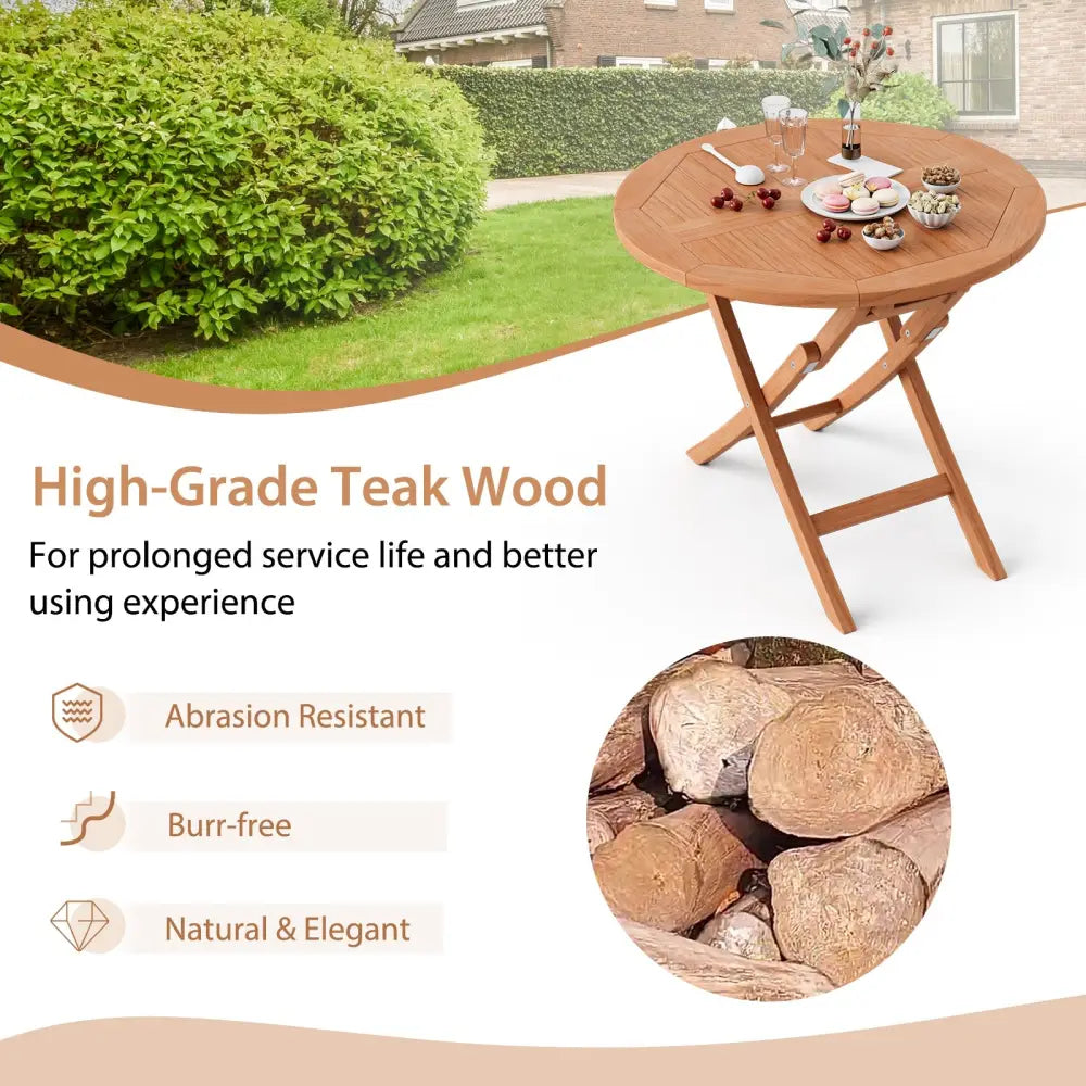 31.5 Inch Folding Patio Indonesia Teak Wood Round Coffee Table - Natural - Patio Coffee Tables