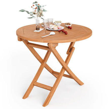 31.5 Inch Folding Patio Indonesia Teak Wood Round Coffee Table - Natural - Patio Coffee Tables