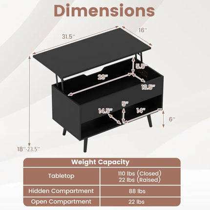 31.5 Inch Lift Top Coffee Table with Hidden Compartment and 2 Storage Shelves-Black Costway